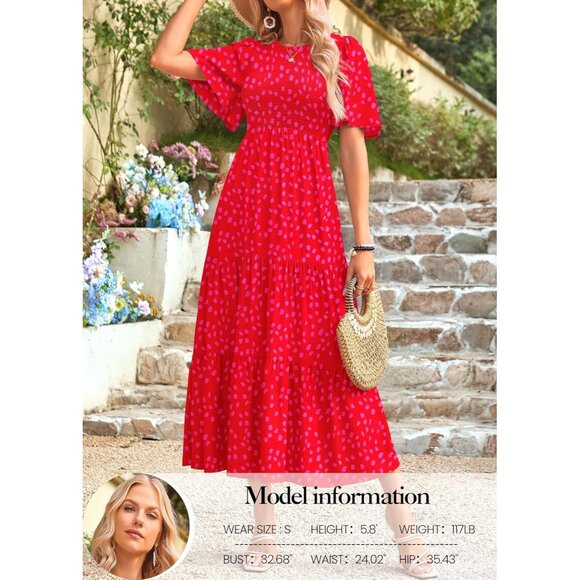 Womens Smocked Midi Dress Lightweight Summer Casual Flutter Short Sleeve Flowy - Picture 3 of 5